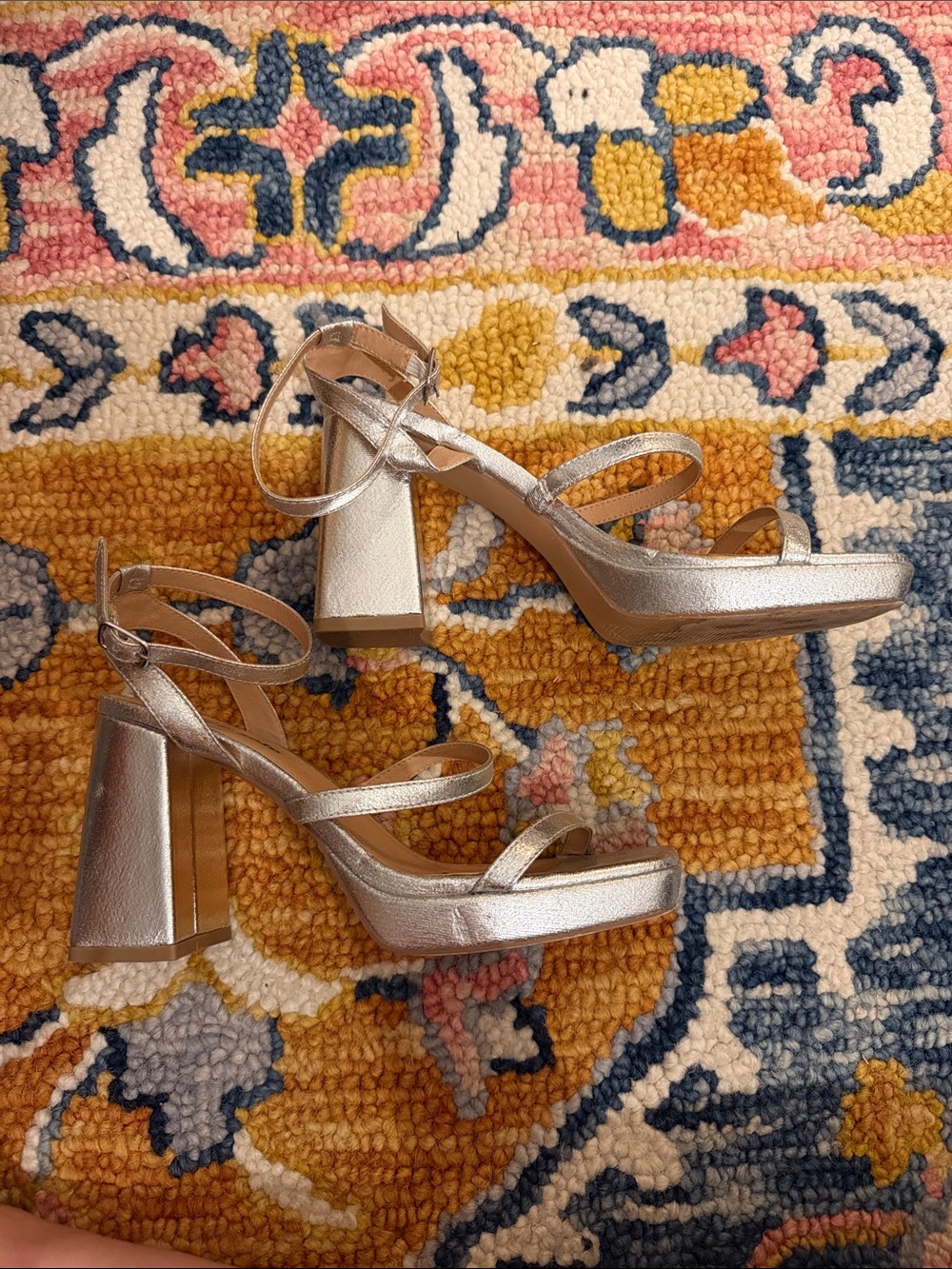 Silver Platform Block Heel Sandals with Ankle Strap